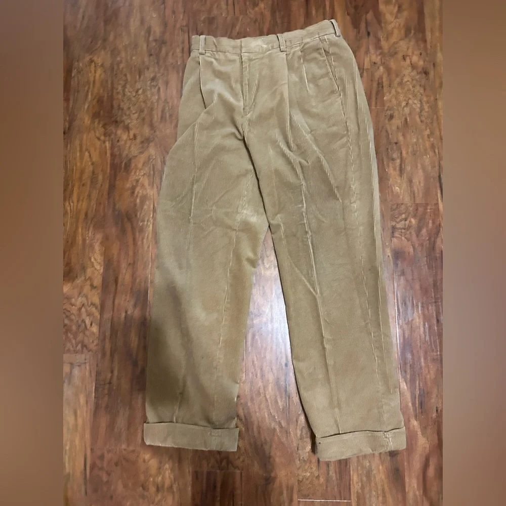 Vintage Corduroy Trousers Front Pleated Cuffed Hem Retro Swing 70s Flapper